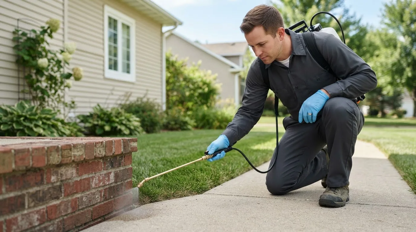Pest control technician treating a home near Warrensville, NC