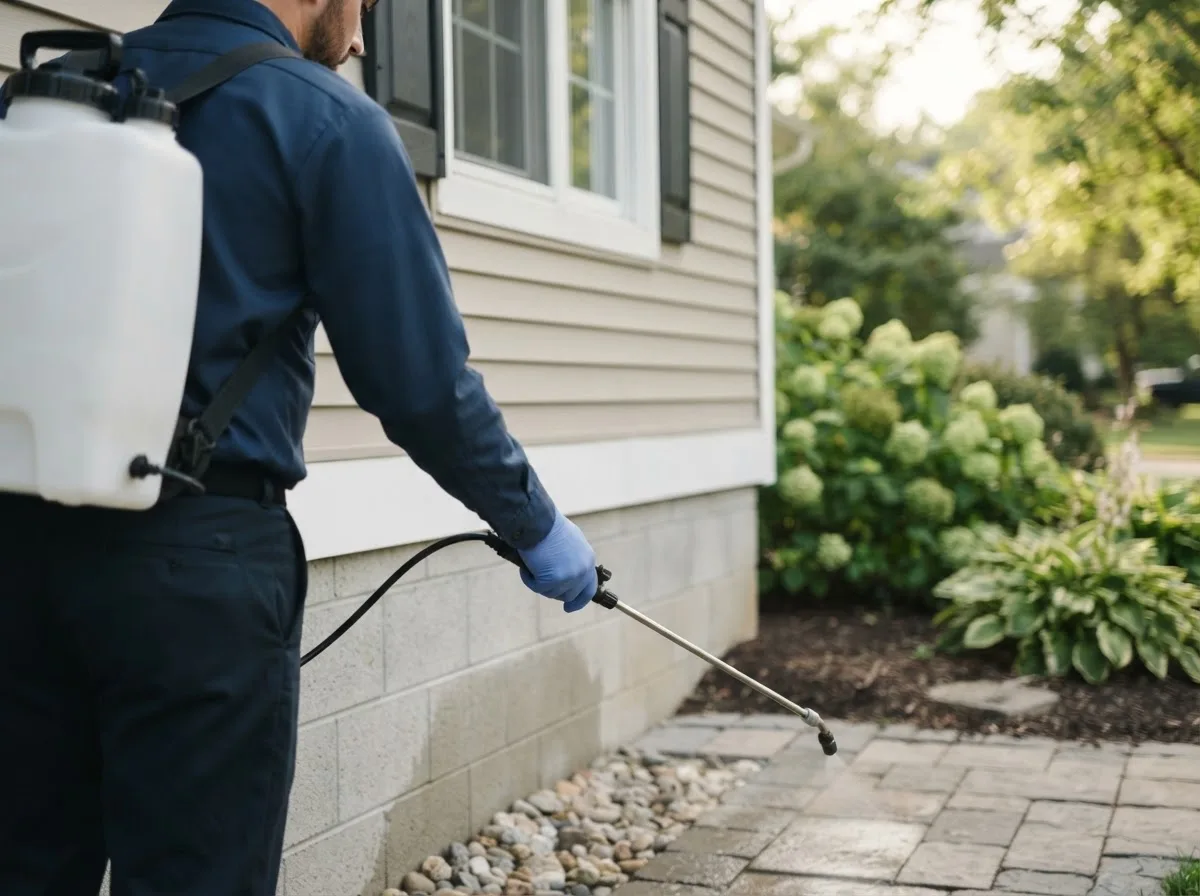 Pest control technician inspecting a home in Warrensville, NC